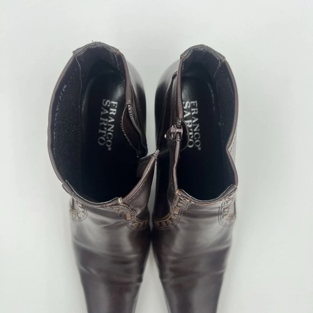 Franco Sarto Brown Leather Ankle Boots Block Heel Side Zip Women's 8M